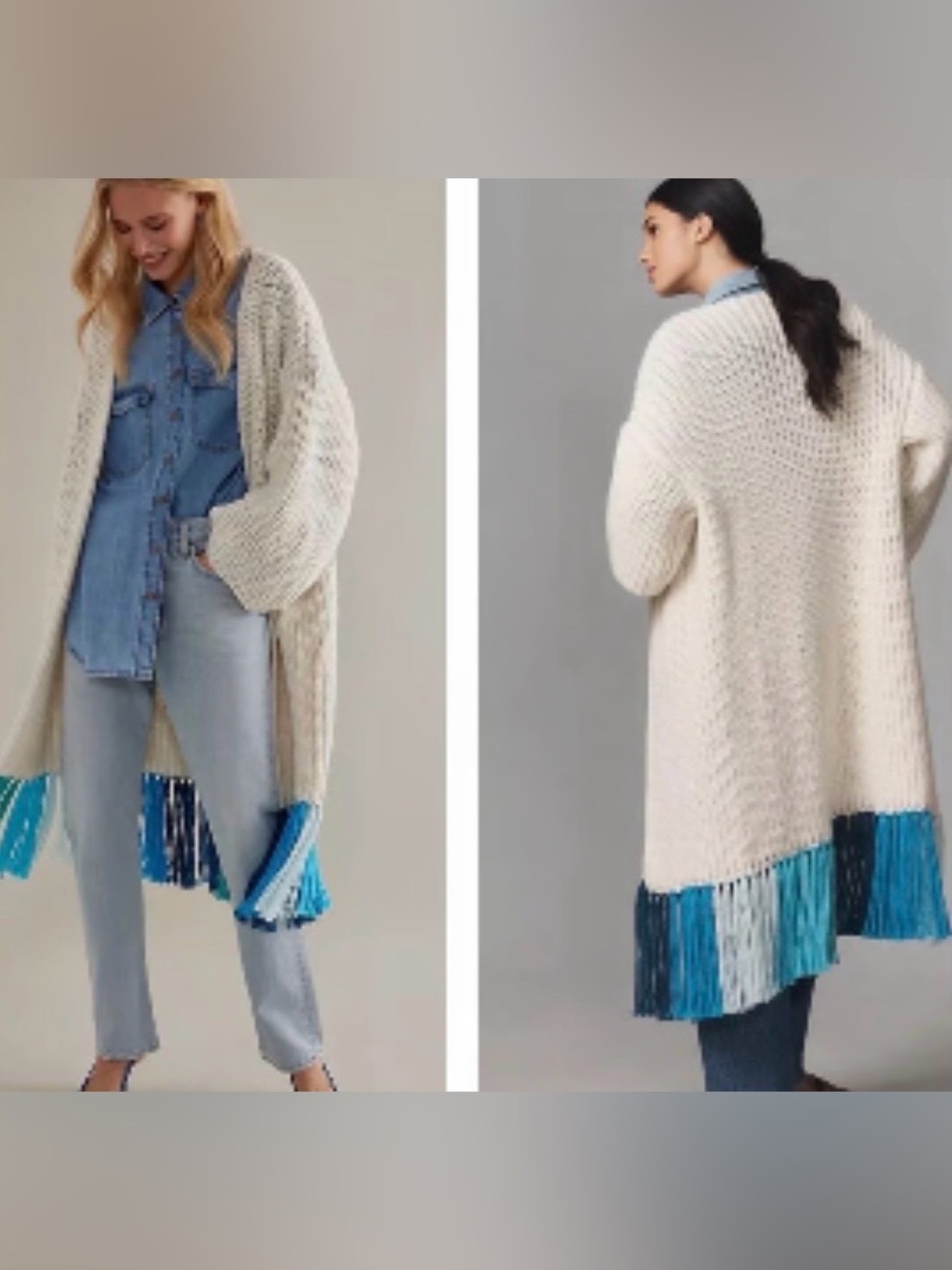 Anthropologie Cream Sweater Cardigan with Blue Ombre Fringe